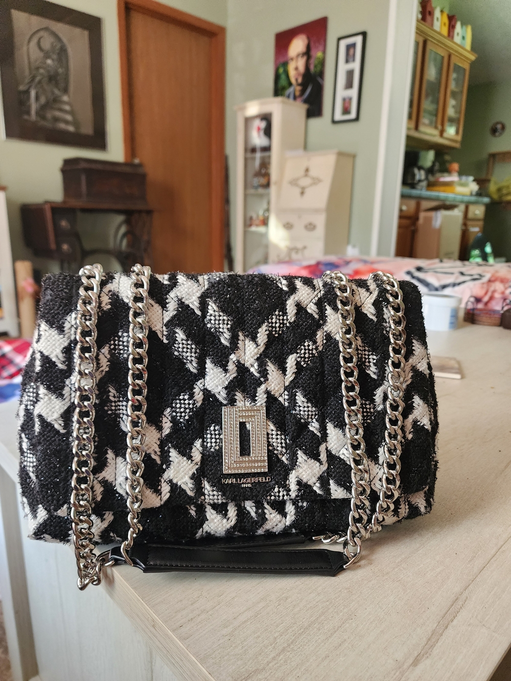 Karl Lagerfeld Black & White Houndstooth Quilted Shoulder Bag with Silver Chain